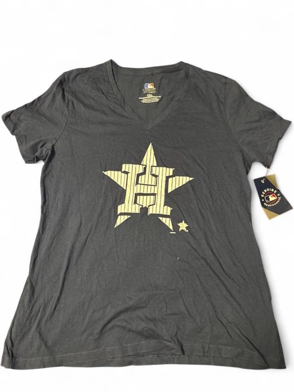MLB Women's Black V‑Neck Tee with Yellow Pinstripe Star